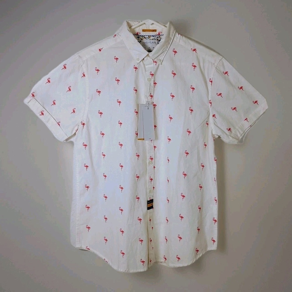NWT Cactus Man Ricky Singh White‎ Pink Flamingo Men's Short Sleeve Shirt M